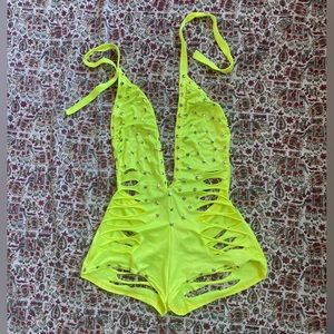 Studded Shredded Exotic Neon Dancewear Halter Romper